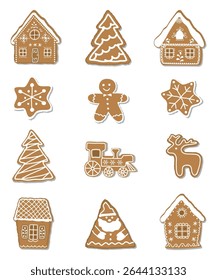 Christmas Cookies Set. Gingerbread Cookie Collection. Gingerbread House, Gingerbread Man, Deer, Santa Claus, Fir Tree, Star, Train. Vector Illustration on White Background