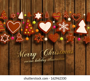 Christmas Cookies Set - Gingerbread man, Xmas Tree, Star, Heart. All for Xmas Cards Design. Wood Texture Background.