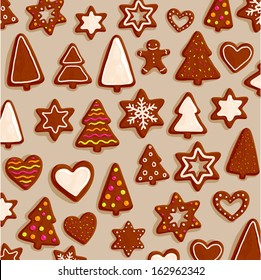 Christmas Cookies Set - Gingerbread man, Xmas Tree, Star, Heart. All for Xmas Cards Design. Wood Texture Background.