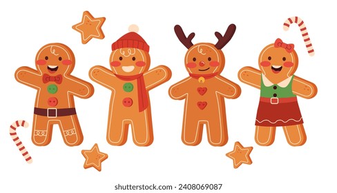 Christmas cookies set. Gingerbread men in santa claus hat and horns. Homemade pastry and bakery. Winter holiday and festival, New Year. Cartoon flat vector collection isolated on white background