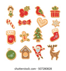 Christmas cookies set. Isolated ginger cookies with decoration on white background. Sweet and delicious holiday gift. Santa, Christmas tree, deer, and more.