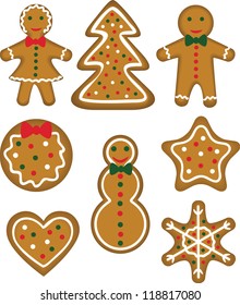 Christmas cookies set. Pastry shaped man, woman, tree, bauble, star, snowflake, snowman and heart