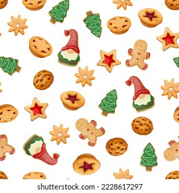 Christmas cookies set in seamless pattern vector illustration. Cartoon isolated cute gingerbread and cake, Xmas mince pie and cookies in Christmas tree, star and man shape, childish gifts in ornament