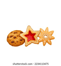 Christmas cookies set vector illustration. Cartoon isolated cute biscuits with circle, star and snowflake shapes, cookies with icing and choco chips, sweet shortbread sandwich with red jam and glaze