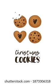 Christmas cookies set, X-mas card, design elements for poster, flyer, advertisement, seasonal greetings. Minimalist illustration in flat cartoon style on white background