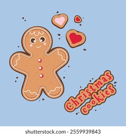 Christmas cookies in the shape of hearts and a gingerbread man. Vector illustration in the form of a flat gingerbread man on a blue background.