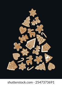 Christmas Cookies in Shape of Christmas Tree. Holiday Banner. New Year Frame. Gingerbread Houses, Santa Claus, Deer, Fir Trees, Gingerbread Man, Train, Stars, Heart. Vector Illustration on Black Bg.