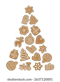 Christmas Cookies in Shape of Christmas Tree. Holiday Banner. New Year Frame. Set.Christmas Balls, Deer, Glove, Sock, Fir Trees, Gift Box, Train, Stars, Heart, Flower. Vector Illustration on White Bg.
