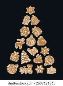 Christmas Cookies in Shape of Christmas Tree. Holiday Banner. New Year Frame. Set.Christmas Balls, Deer, Glove, Sock, Fir Trees, Gift Box, Train, Stars, Heart, Flower. Vector Illustration on Black Bg.