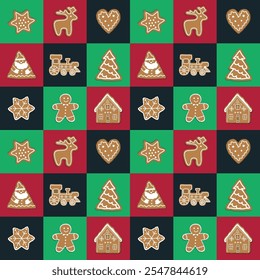 Christmas Cookies Square Pattern. Seamless Geometric Checkered Print with Gingerbread Cookies. Gingerbread House, Deer, Heart, Gingerbread Man, Star. Holiday Background. Template. Vector illustration