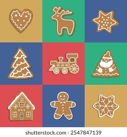 Christmas Cookies Square Pattern. Seamless Geometric Checkered Print with Gingerbread Cookies. Gingerbread House, Deer, Heart, Gingerbread Man, Star. Holiday Background. Template. Vector illustration