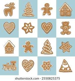 Christmas Cookies Square Pattern. Seamless Geometric Checkered Print with Gingerbread Cookies. Gingerbread House, Deer, Heart, Gingerbread Man, Star. Christmas Holiday Chess Background. Vector image.