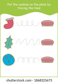 Christmas cookies tracing worksheet, cute colorful christmas cookies, christmas cookies tracinf activity worksheet for kindergarten kids