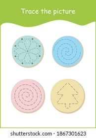 Christmas cookies tracing worksheet for kindergarten, colorful christmas cookies tracing games , tracing activity worksheet for kids, christmas cookies handwriting practice sheets
