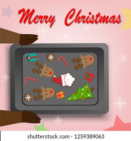 Christmas cookies in tray with reindeer cloven hooves, Merry Chrismas background, vector illustration