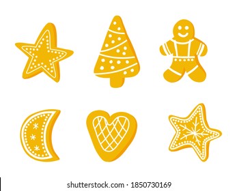Christmas cookies . Vector hand-drawn illustration of gingerbread sweets, decorated for the holidays. Gingerbread man with hearts and stars.