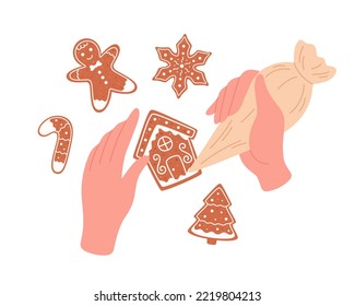 Christmas cookies. Woman decorating homemade cookies with icing. Merry Christmas and Happy Holidays. Hand drawn vector illustration