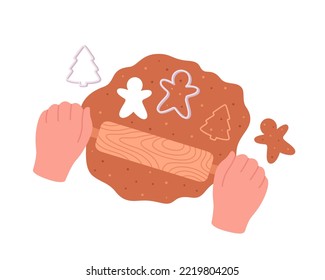 Christmas cookies. Woman making homemade cookies. Forms for cutting gingerbread. Merry Christmas and Happy Holidays. Hand drawn vector illustration