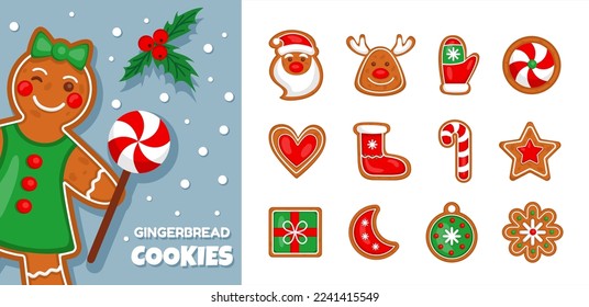 Christmas cookies, xmas gingerbread house and santa. Ginger man and snowman, sweet bread. Reindeer and sock, biscuits and candy. Christmas food. Snacks icons. Vector characters tidy collection