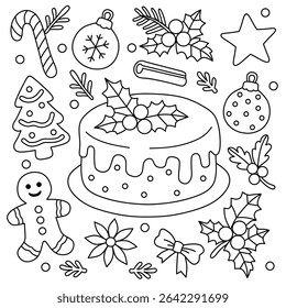 Christmas cookies,gingerbread men,candy,bells and Christmas decorations.Hand drawn Christmas themed coloring page illustration