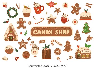 Christmas cooking set. Baked gingerbread cookies, house, hot winter holiday drinks, pudding, dessert, candy cane. Vector winter holiday food clip art, stickers, greeting card, party invitation, poster