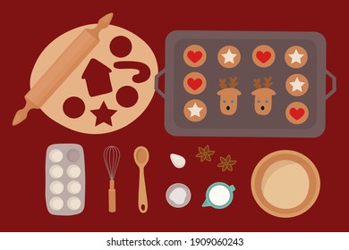 Christmas cooking set with rolling pin, dough, cookie sheet, egg tray, milk, sugar, spoon, whisk. Hand drawn vector element for decoration, invitation, poster, postcard, logo, web design, banner, ad