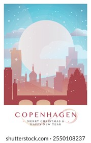 Christmas Copenhagen retro poster for winter festives, New Year. Greetings, happy holidays and merry xmas from Denmark vector postcard layout