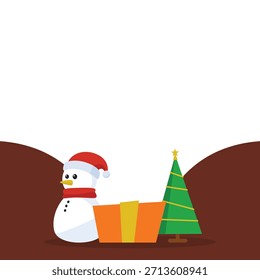 Las Navidades copian la Plantilla de fondo del espacio con Elementos estacionales como el muñeco de nieve, la caja de regalo y el pino decorado. Ilustración de fondo de diseño de Navidades.