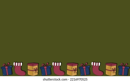 Christmas copy space green background with gift boxes. Vector holidays template of Christmas invitation, greeting card