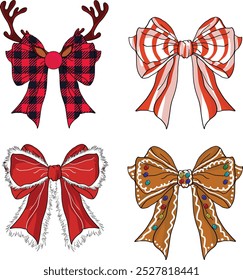 Christmas Coquette bow: Reindeer, candy cane, Santa outfit, gingerbread coquette.Art and Illustration