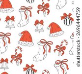 Christmas coquette seamless pattern with hat, red socks, candy cane, rings, bows. Xmas retro print. Winter background for fabric, wallpaper or wrapping paper. Vector vintage holiday ornament