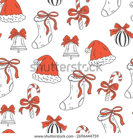 Christmas coquette seamless pattern with hat, red socks, candy cane, rings, bows. Xmas retro print. Winter background for fabric, wallpaper or wrapping paper. Vector vintage holiday ornament