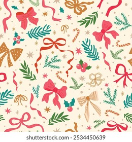 Christmas coquette seamless pattern with pink bows ribbon, cute winter fir branches, stars. Vector New Year holiday print with retro bow knots, floral ornament, hand drawn wallpaper, repeat background