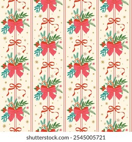 Christmas coquette seamless pattern with pink bows ribbon, cute winter fir branches, stars, vertical lines. Vector New Year holiday grandmillennial wallpaper, retro bow knots, hand drawn background.