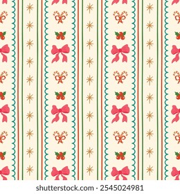 Christmas coquette seamless pattern with pink bows ribbon, vertical stripes, cute vertical stripes. Vector winter holiday grandmillennial wallpaper, retro bow knots hand drawn background, wrap paper.