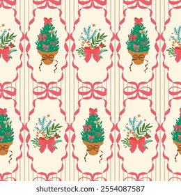 Christmas coquette seamless pattern with pink bow knots, ribbons, preppy Christmas tree. Grandmillennial damask wallpaper, retro winter holiday textile design, print, background. Vector illustration.