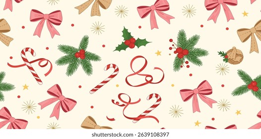 Christmas coquette seamless pattern with pink bows ribbon, cute winter fir branches, stars. Vector New Year holiday print with retro bow knots, floral