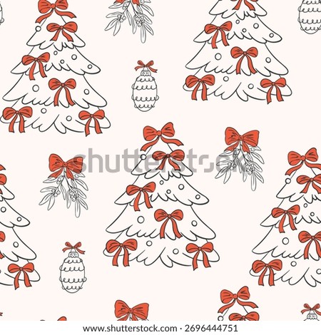 Christmas coquette seamless pattern with tree, bows and ribbon. Vector xmas elegant trendy ornament. Vintage holiday retro print. Winter background for fabric, wallpaper or wrapping paper. 