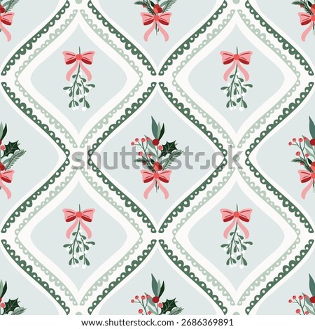 Christmas coquette seamless pattern, Victorian wallpaper with frames floral bouquet and bows, retro style background