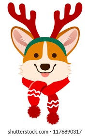 Christmas Corgi dog cute cartoon vector portrait. Pembroke Welsh corgi puppy dog wearing antlers and scarf. Winter, Christmas, pets, dog lovers theme design element, flat contemporary style.