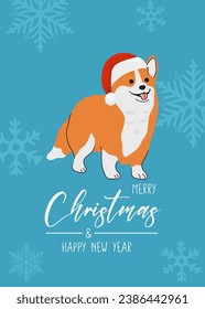 Christmas Corgi in hand drawn style. Greeting text Merry Christmas. Beautiful illustration for greeting cards, posters and seasonal design.