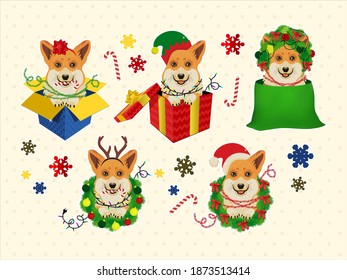 Christmas Corgi Heads with Deer Antlers, Christmas decorations with Santa and Elf Hats, Gift Boxes and Wreath. Vector Illustration.