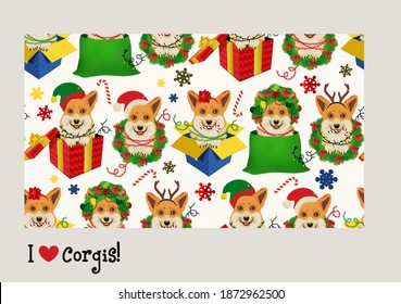 Christmas Corgi Seamless Pattern. Corgi Heads with Deer Antlers, Christmas decorations with Santa and Elf Hats, Gift Boxes and Wreath. Vector Illustration.