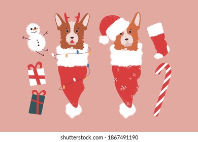 Christmas corgi set. Corgi in a Santa hat, gifts, a snowman and a garland.