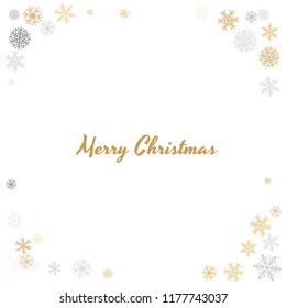 Christmas corner background with snowflakes and place for text. Winter gold and silver snow minimal decoration on white, greeting card. New Year Holidays backdrop. Vector illustration EPS 10