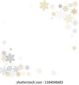 Christmas corner background with snowflakes and place for text. Winter gold and silver snow minimal decoration on white, greeting card. New Year Holidays backdrop. Vector illustration EPS 10