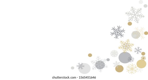 Christmas corner background with snowflakes and place for text. Winter gold and silver snow minimal decoration on white, greeting card. New Year Holidays backdrop. Vector illustration EPS 10