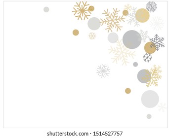 Christmas corner background with snowflakes. Winter gold and silver snow decoration on white, greeting card. New Year Holidays backdrop. Vector illustration