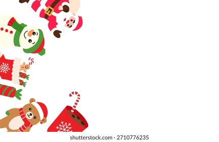 Navidades de borde de esquina con personajes lindos y decoraciones de vacaciones de invierno.