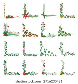 Christmas Corner Border Set. Floral Greenery Frames with Poinsettia, Holly and Bells. Vector Decoration Elements for Holiday Cards.